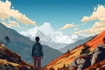 Fototapeta premium pop art style illustrated himalayan boy standing on top of a sumit