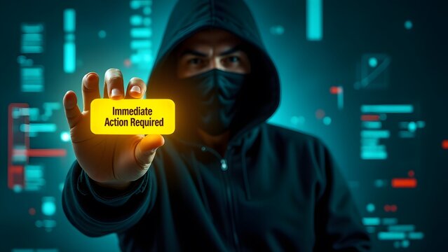 A hooded figure holds a glowing yellow button that reads "Immediate Action Required," symbolizing cybersecurity risks and urgent threats