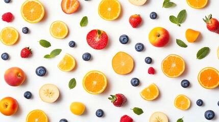 Fresh and vibrant fruit pattern on white background.