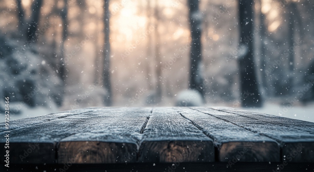 Poster a snowy forest scene with a wooden table in the foreground, creating a serene atmosphere.