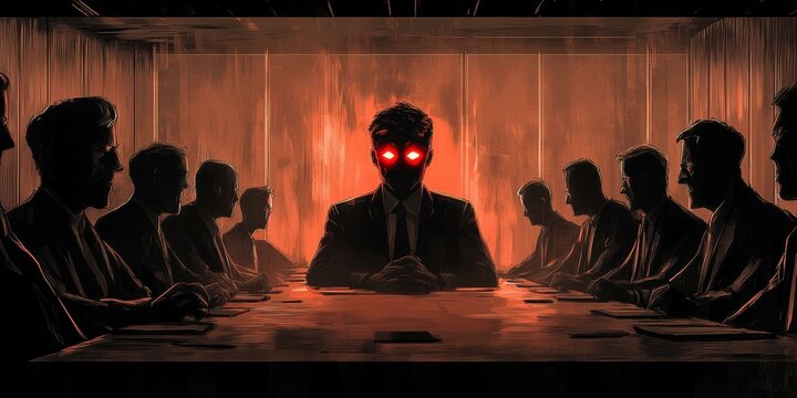 Man with red eyes leads meeting of shadowy figures.