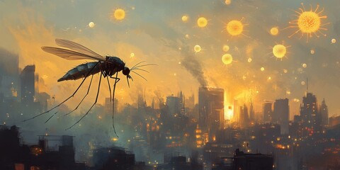 Giant mosquito over a smoky city with glowing orbs.