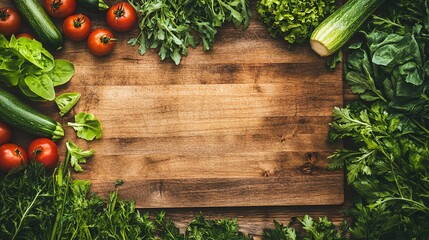 Fresh green vegetables and tomatoes on a wooden cutting board.