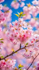 Naklejka premium Pink cherry blossoms bloom beautifully on a branch, showcasing nature's beauty in spring