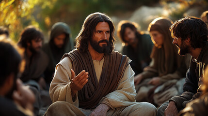 Jesus teaching and listening to his disciples, with a serene and focused interaction. The scene depicts a peaceful setting where Jesus imparts wisdom and engages with his followers.

