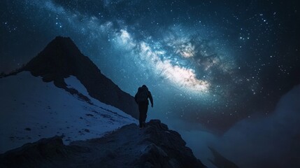 A lone backpacker stuggles up a mountain at night, driven by the allure of the Milky Way and the stars above.