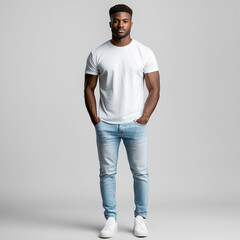  Full-body mockup of a Afro-American man wearing a white t-shirt, standing confidently with hands on hips, showcasing the shirt design against a simple background.