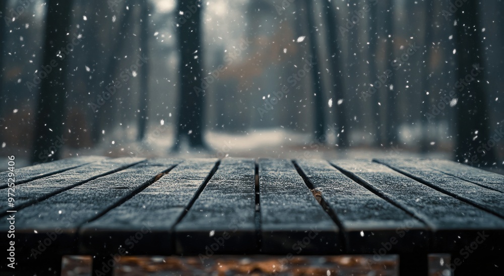 Poster A snowy forest scene with a wooden table in the foreground, evoking a serene winter atmosphere.