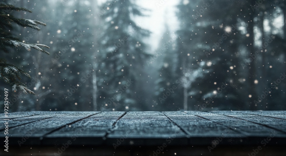 Canvas Prints A serene winter landscape with falling snow and a wooden surface in the foreground.