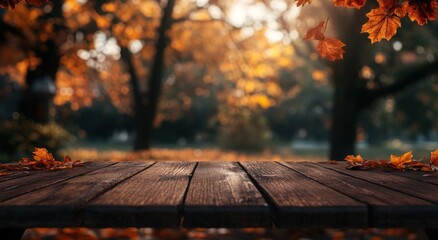 A serene autumn scene with a wooden table and vibrant orange leaves in the background.