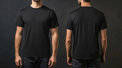 Mockup of a black t-shirt on a man, showing both front and back views. The plain t-shirt design is showcased with realistic folds and fabric texture, perfect for branding or apparel design.

