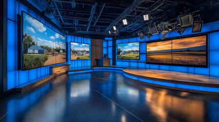 Modern TV news set with sleek design, bright lighting, and large digital screens displaying graphics. The set features a desk and chairs for anchors, with a dynamic and professional studio environment