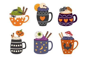 Big set of Halooween creepy drinks. Halloween mugs. Halloween treats. Halloween concept.