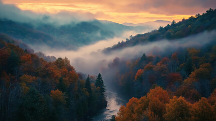 A serene forest surrounded by majestic mountains in the fall season, with vibrant autumn colors of red, orange, and yellow. The morning fog creates a mystical atmosphere, softly blanketing the trees a