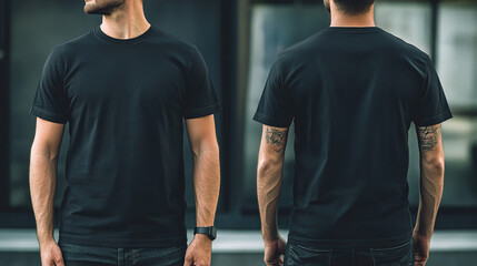 Mockup of a black t-shirt on a man, showing both front and back views. The plain t-shirt design is showcased with realistic folds and fabric texture, perfect for branding or apparel design.

