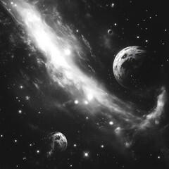Black and white photo of a galaxy showcasing swirling stars and cosmic dust. The high-contrast image emphasizes the intricate details of the galaxy's spiral structure.

