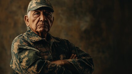 Fototapeta premium Elderly Veteran with Determined Expression in Military Uniform Against Rustic Background
