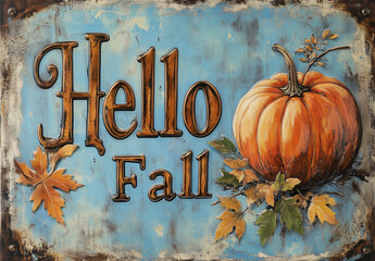 A vintage-style wooden sign with the words "Hello Fall," evoking a rustic and cozy autumn atmosphere. The distressed wood texture and retro lettering give the sign a nostalgic, welcoming charm.

