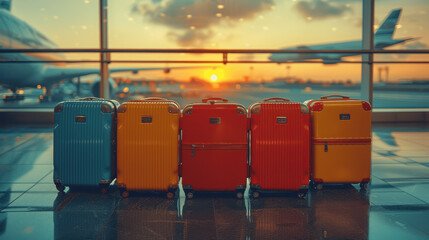 Colorful luggage lined up at the airport terminal with a stunning sunset view and airplanes in the background