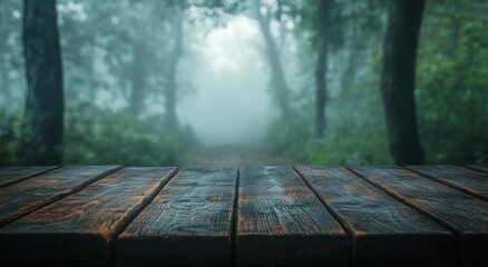 A misty forest scene with a wooden table in the foreground.