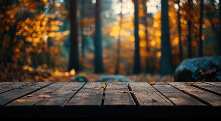 A serene forest scene with a wooden surface in the foreground and autumn foliage in the background.