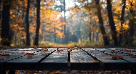 A serene forest scene with a wooden table covered in autumn leaves and soft sunlight filtering through trees.