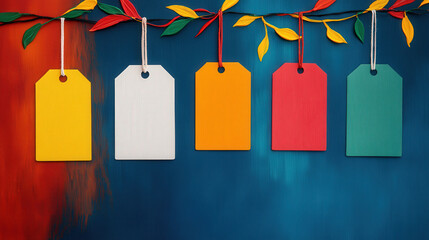 Sales tags hanging from festive garlands