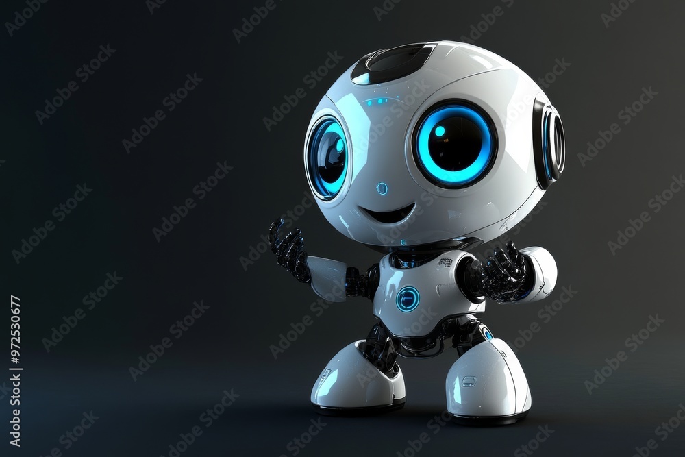 Poster a cute robot pointing at something on a dark background, generated by stock