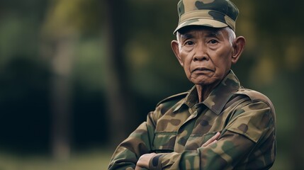 Obraz premium Proud Veteran Indonesian Soldier in Camouflage Uniform Outdoors, Portraying Strength and Honor