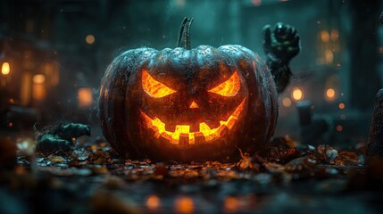 Naklejka premium 3d render curse3d tomb magical pumpkin with angry face and green light jack lantern and scary green zombie arms show out of the ground in front of the grave stone halloween illustration