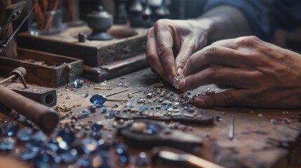 A master jeweler skillfully setting gems into a jewelry piece, with a focus on a sapphire diamond ring amidst a workshop laden with professional tools