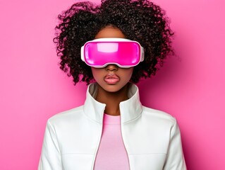 An attractive young woman wears virtual reality glasses in neon colors. The glasses are stock, but have been human enhanced.