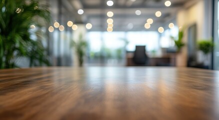 Fototapeta premium A blurred office interior with a wooden desk in focus, suggesting a professional environment.