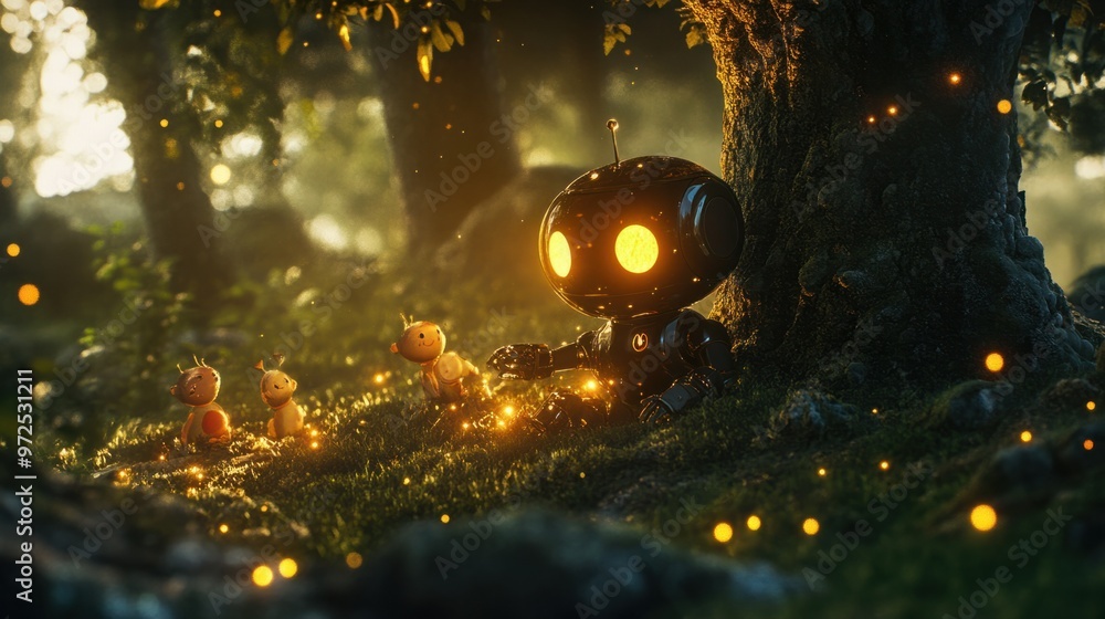 Aufkleber a small robot playing hide-and-seek with digital friends, peeking out from behind a glowing tree