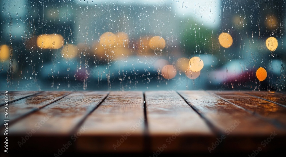 Poster A rainy window view with blurred lights and a wooden table in the foreground.