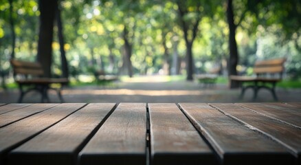A wooden table in a park with blurred benches and trees in the background.