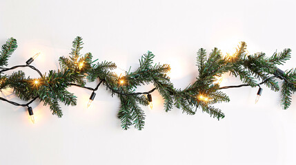 Festive Christmas Garland and Twinkling Lights Flat Lay on White background 