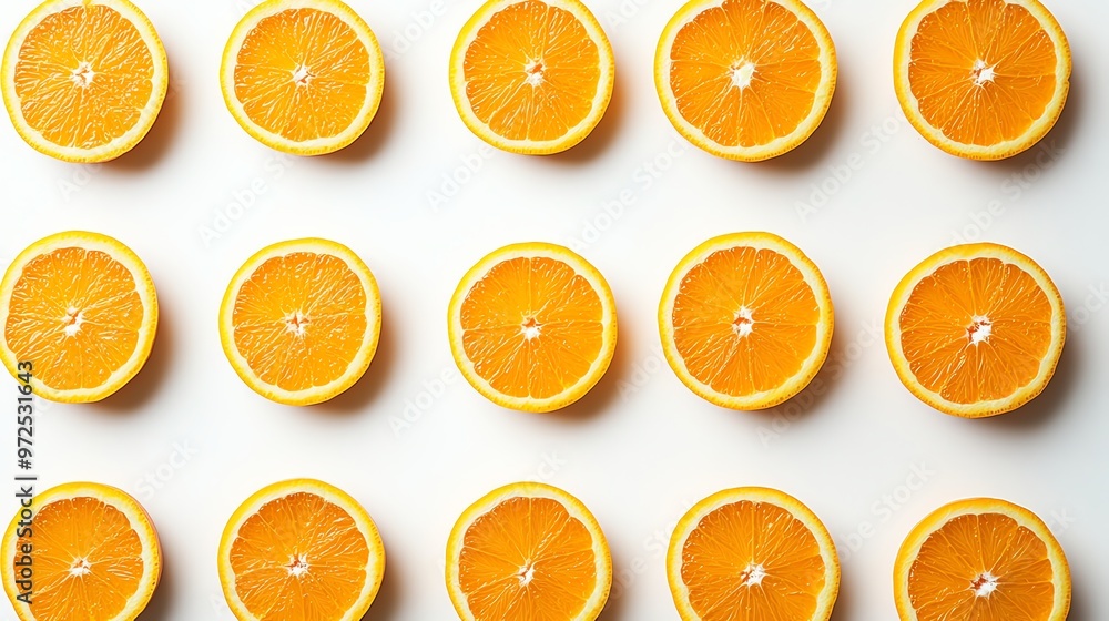 Poster a flat lay of orange slices arranged in a grid pattern.