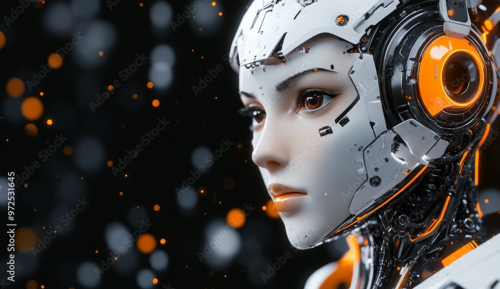 Poster an intelligent female robot produced by stock. a beautiful stock robot that makes use of generative 