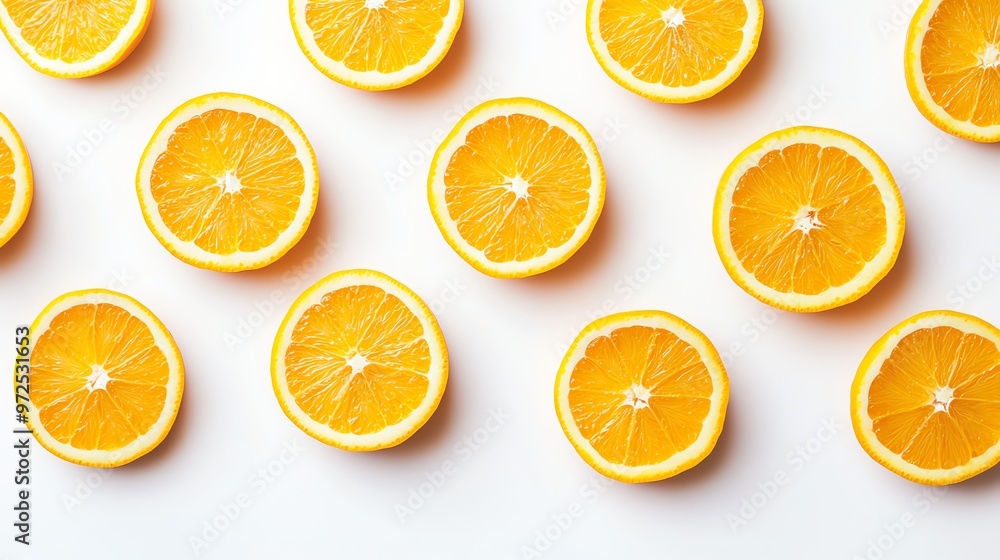 Poster fresh orange slices arranged in a pattern on a white background, creating a vibrant and summery imag