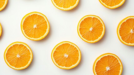 Fototapeta premium A flat lay of fresh orange slices arranged in a repeating pattern on a white background.