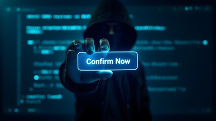 A hooded figure holds a glowing blue "Confirm Now" button, with coding in the background, representing cyber operations