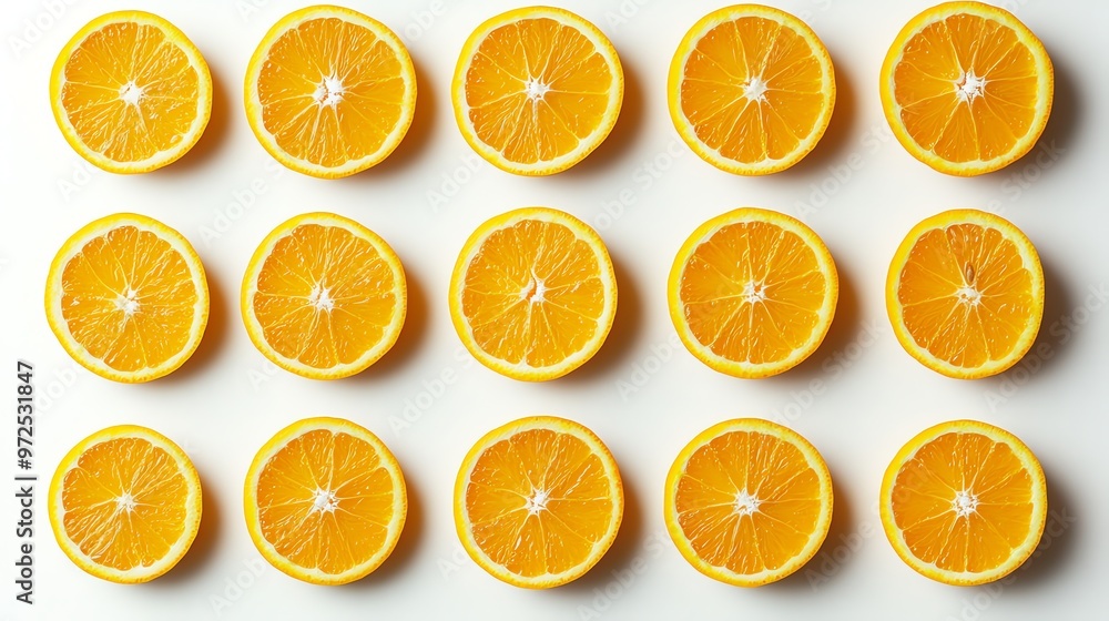 Poster a flat lay image of orange slices in a grid pattern on a white background.