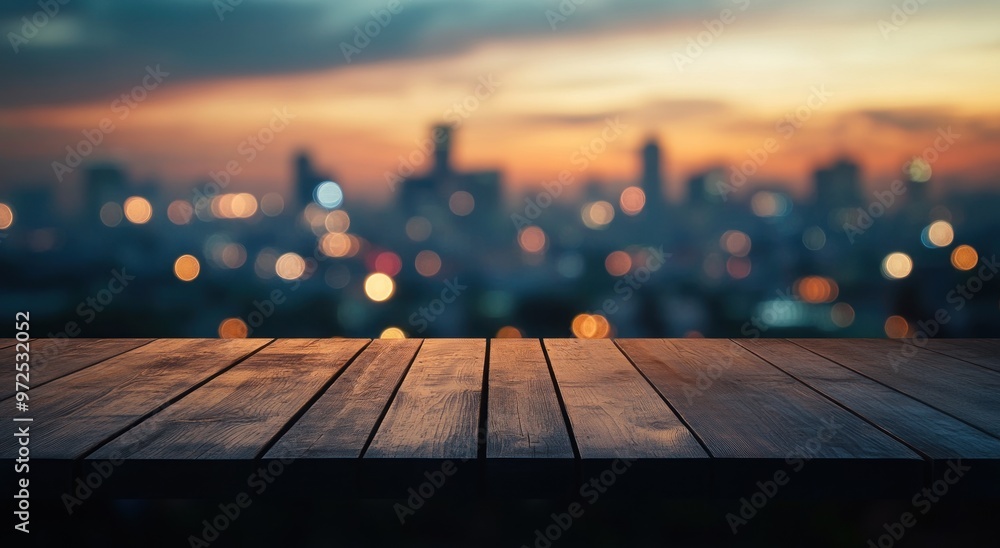 Canvas Prints A wooden table in the foreground with a blurred city skyline at sunset in the background.