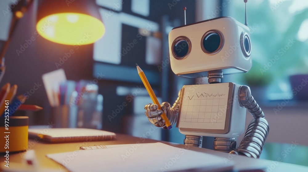 Poster a tiny robot holding a pencil and a notepad, taking notes in a bright, organized workspace