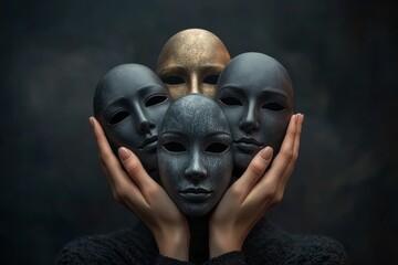 Character holds a mask on our face with different emotions. The character hides behind a false mask. Defense, backing up the character. Psychology. Stock.