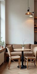 Minimalist cafe, coffee shop interior design with space for text