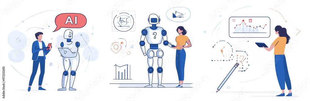 Poster illustrations set. collection of scenes with characters interacting with ai chat bots. neonet concep
