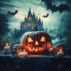 Halloween pumpkin in eerie scene with haunted castle.