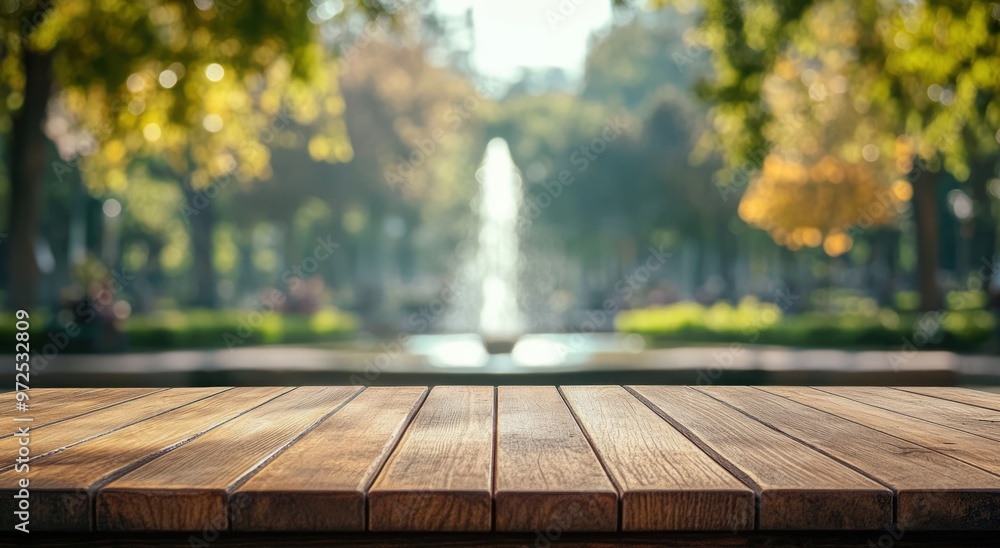 Poster a wooden table in a park setting with a fountain and trees in the background.
